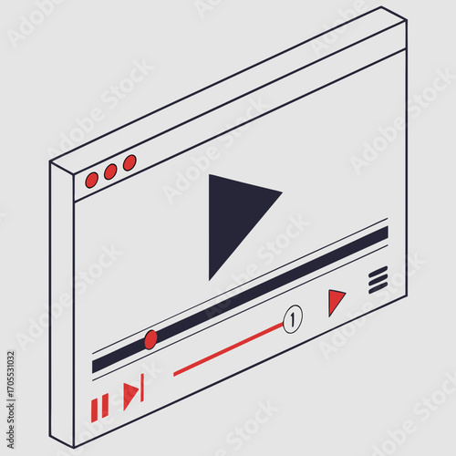 Vector art of isometric illustration of a video player interface with play button, timeline, and other controls, representing online video streaming