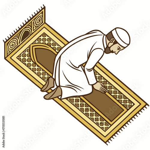 Vector art of muslim man in traditional attire kneeling on a prayer rug, facing mecca, performing salat, , conveying faith and devotion