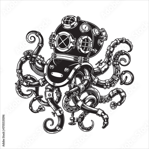 Vector art of octopus wearing a diving helmet
