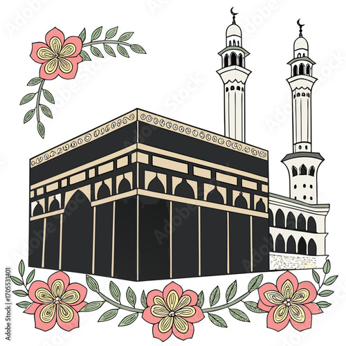 Vector art of the holy kaaba in mecca, saudi arabia, is depicted with floral accents and minarets, symbolizing islamic pilgrimage and devotion
