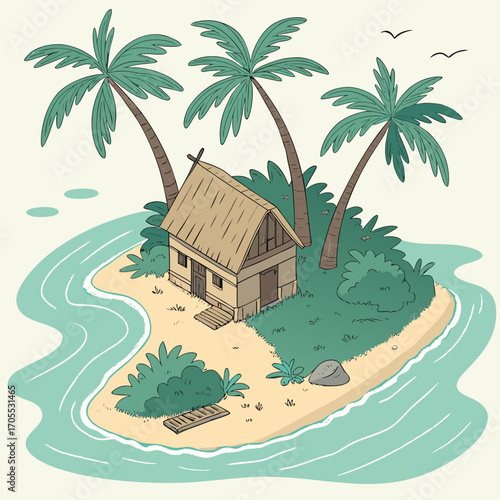 Vector art of tropical island illustration a serene scene with palm trees, a hut, and turquoise water, perfect for vacation and relaxation themes