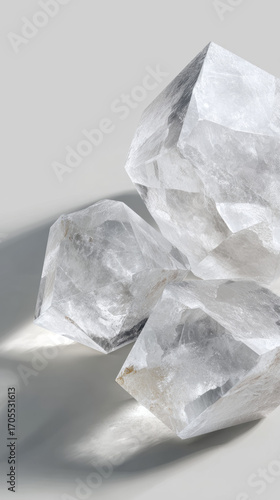 Clear transparent quartz crystal chunks with geometric faceted surfaces casting shadows on white background for natural mineral gemstone decoration modern minimalist aesthetic product photography
