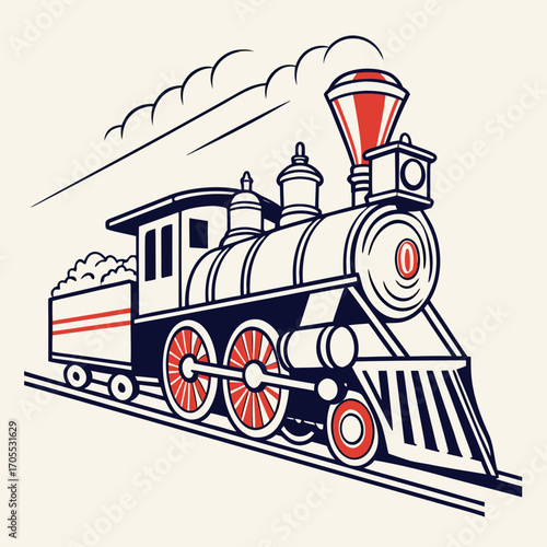 Vector art of vintage steam train illustration a retro locomotive with red accents, evoking a sense of classic travel and historical transportation