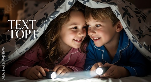 Kids with Flashlight Under Blanket