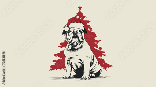 Cute Bulldog Dog Wearing Santa Hat in Front of Christmas Tree