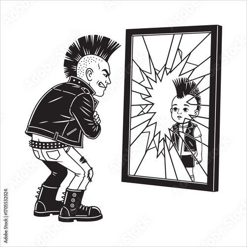 Vector art of punk rocker looking at his younger self in a broken mirror
