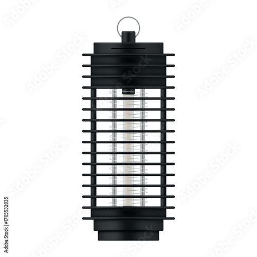 Illustration of a compact electric fly swatter that effectively attracts and kills flying insects using ultraviolet radiation