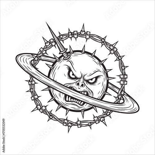 Vector art of angry planet with barbed wire ring, a cosmic threat