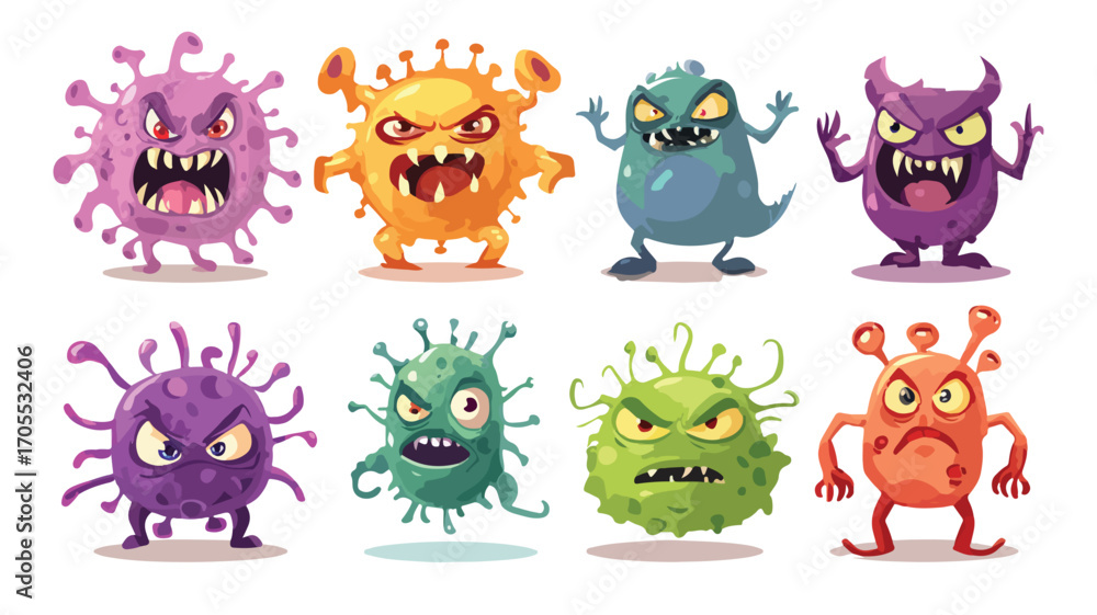 Fototapeta premium Cartoon Evil Bacteria and Angry Virus Pathogen Set