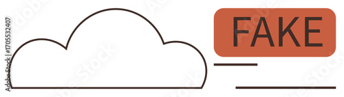 Cloud outline with bold red FAKE tag emphasizing misinformation. Ideal for technology, data security, cloud computing, digital verification, media, online fraud, and transparency. Simple flat