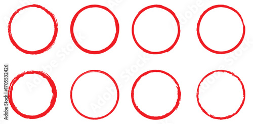 Grunge circles brush set. red circle frames.  round circle for marking text, note, number, marking any object, marker pen . vector illustration .