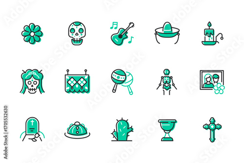 Dia de los Muertos - set of line design style icons