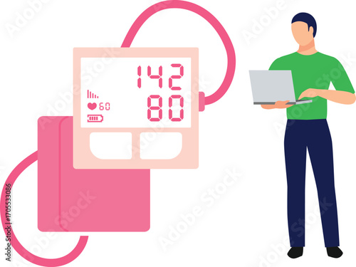 Boy using laptop measuring hypertension level