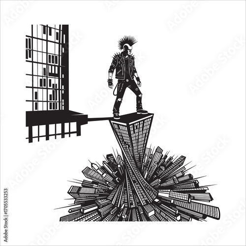 Vector art of punk rocker stands on the edge of a building