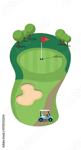 Golf course hole with flag and golf cart.