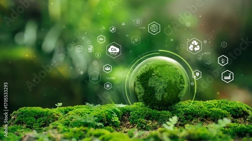Green globe on moss with green forest icons - environment esg concept, ecology and sustainable environment of the world. Eco-friendly green business. ecology, earth day, csr and net zero