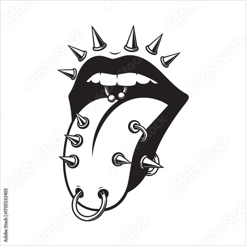 Vector art of punk rock mouth with piercings and spikes