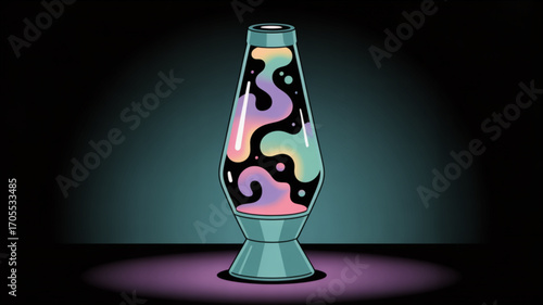 Retro lava lamp with colorful wax floating inside, casting a soft glow in a dark room, creating a nostalgic and psychedelic atmosphere