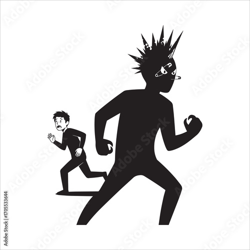 Vector art of punk runs after a man, cartoon illustration