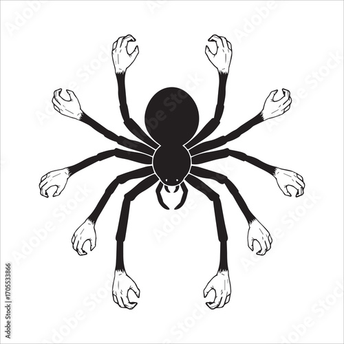 Vector art of spider with human hands crawling, creepy design