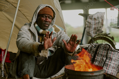 Middle aged Black man sitting outdoors under makeshift shelter warming hands over open fire, wearing layered clothing and knit hat, shopping cart and bags visible in background