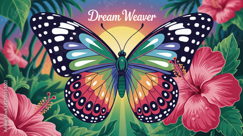 A vibrant butterfly with rainbow wings rests among hibiscus flowers, bathed in the warm glow of the setting sun, a dream weaver illustration