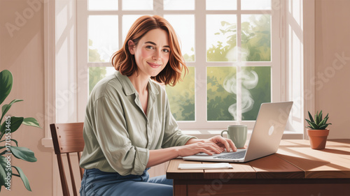Smiling woman working on laptop at home near window, enjoying a peaceful and productive day, surrounded by plants and natural light