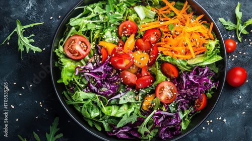 Vibrant and Colorful Salad Bowl Displayed on Dark Textured Surface