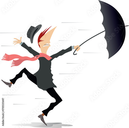 Man, umbrella, windy and rainy day. 
Man with umbrella staying on the strong wind
