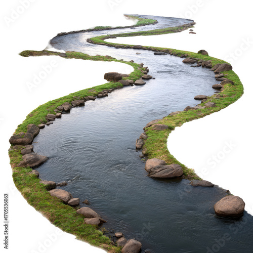 Winding River Flowing Through Green Banks With Rocks Isolated On White Background
