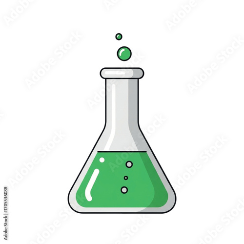 Green liquid in laboratory flask with bubbles.