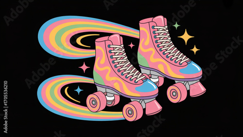 Retro roller skates with rainbow trails on a, a fun and colorful design that captures the spirit of the 70s and 80s era