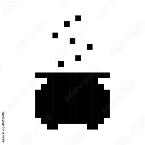 pixel art cauldron with steam rising above black pot on white background minimal retro fantasy style witchcraft cooking magic brew illustration concept of halloween design digital art