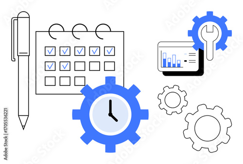 Pen, calendar with checkmarks, clock in gear, data analytics, and gear icons. Ideal for time management, workflow optimization, planning, project management productivity business strategy simple