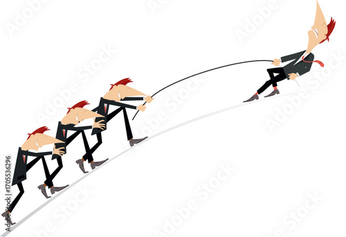 Business. Team work in business.
The leader pulls three of his colleagues by the rope. Concept illustration
