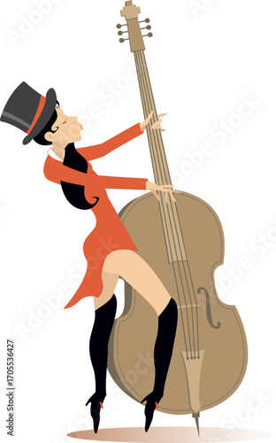 Young woman in the top hat playing contrabass.
Pretty young cellist woman in the top hat
