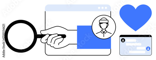 Magnifying glass inspecting user profile within a browser window, heart icon symbolizing support, and message exchange. Ideal for research, analysis, insights, online engagement, connection
