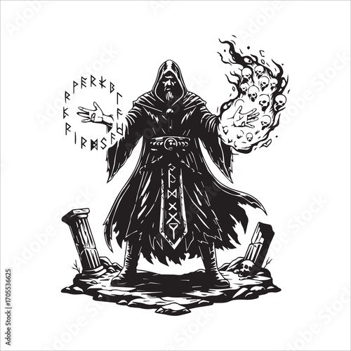Vector art of dark wizard casting a spell