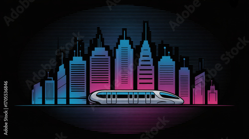 Futuristic cityscape with a highspeed train gliding through the neonlit metropolis, embodying innovation and urban transportation of the future