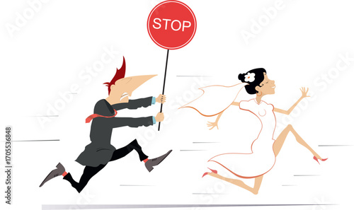 Bride runs away from the bridegroom.
The runaway bride. Upset man with banner trying to stop a smiling running bride
