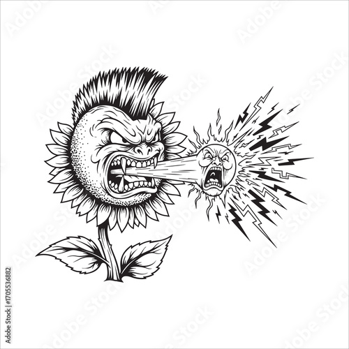 Vector art of angry sunflower with mohawk is attacking the sun