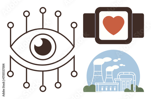 Eye symbolizing AI, smartwatch with heart icon for health, and factory complex for industrial growth. Ideal for AI, health tech, wearables, industry 4.0, innovation smart tech simple flat metaphor