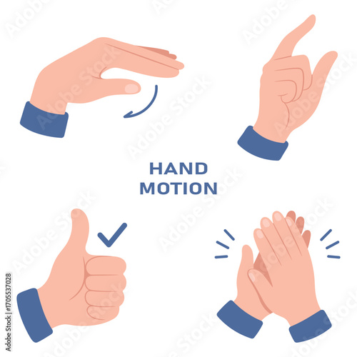 Flat vector illustration of hand gestures. Thumbs up, pointing finger, clapping hands, and palm wave isolated on white background.