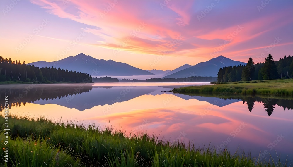 Fototapeta premium A calm lake reflecting pastel-colored sky during sunrise 