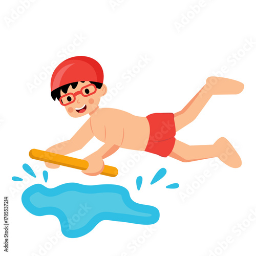 Boy Swimming with Kickboard Vector Illustration Kids Pool Training Design