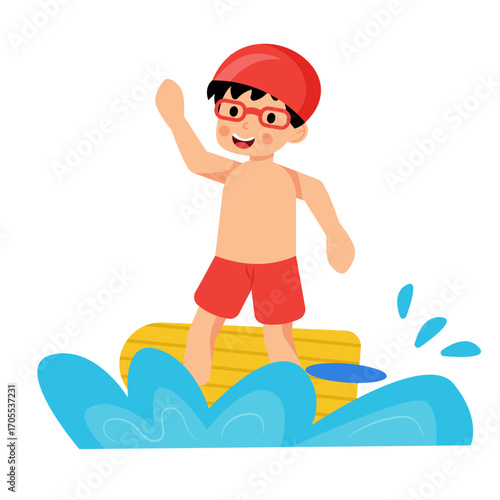 Boy Standing on Floating Board Vector Illustration Kids Swimming Pool Activity Fun
