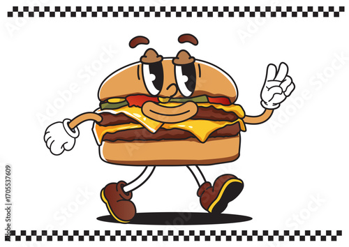 Cheerful cartoon hamburger character with friendly expression waving hand while walking. Food concept