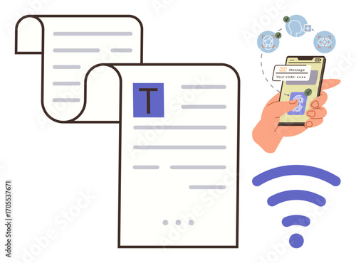 Hand holding phone creating messages, sharing documents, wireless symbol. Ideal for tech innovation, remote work, digital tools, online connectivity, communication, productivity simple flat metaphor
