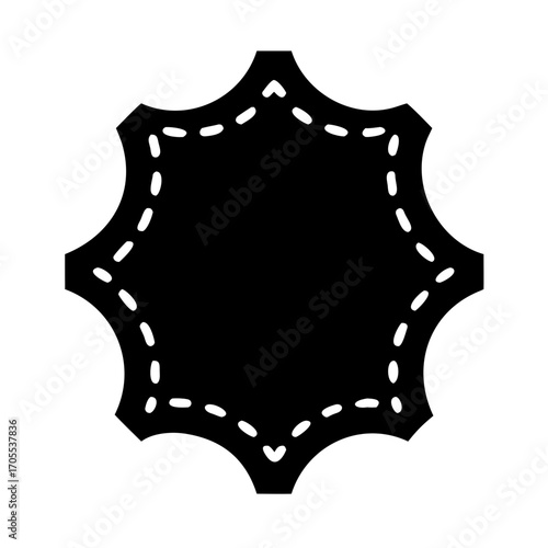 Stylized black leather patch with white stitching for branding and design purposes 