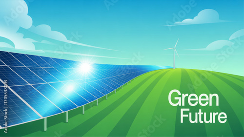 Green future illustration with solar panel and wind turbine on green field under blue sky, symbolizing renewable energy and environmental sustainability